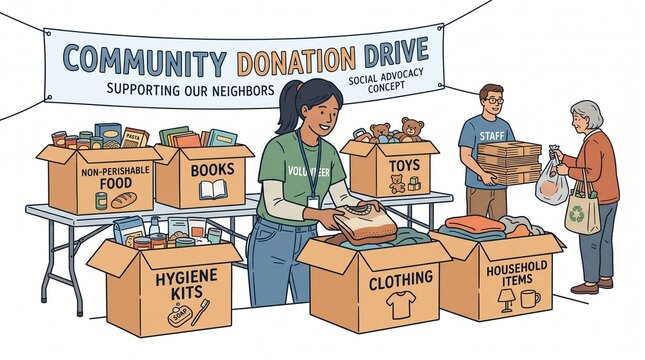 Community donation drive with various boxes of goods for charity donation community clothing donations collection volunteers outreach fundraising organization generosity assistance