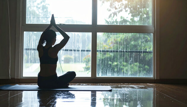 雨の日の窓辺でヨガのポーズをとる女性のシルエット　室内でのストレッチやマインドフルネスを表現した健康的なライフスタイルとメンタルヘルスを象徴するイメージ画像　コピースペースがあるリラックスした雰囲気の背景素材