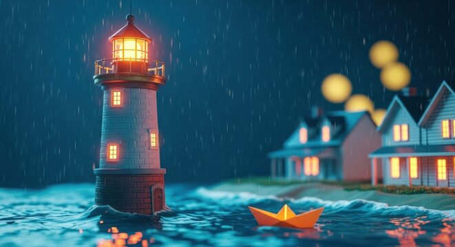 A serene nighttime scene of a glowing lighthouse standing tall beside cozy illuminated houses as a small paper boat floats on the water.