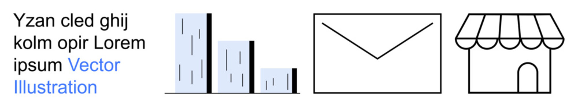 Business strategy, communication, retail, corporate growth, mail services, e-commerce. Simple icons of a bar graph, envelope and retail store. Business strategy and communication concept