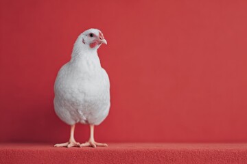 Obraz premium A white chicken standing atop a red surface its feathers glistening in the light.