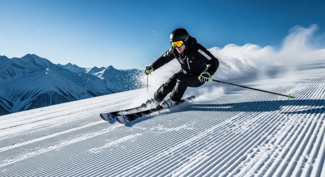 Skier in black outfit speeds down snowy mountain slope with clouds and peaks
