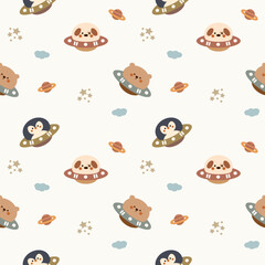 Obraz premium UFO animal cartoon so cute. On bear dog penguin Saturn star cloud background. Pattern seamless vector illustration. 