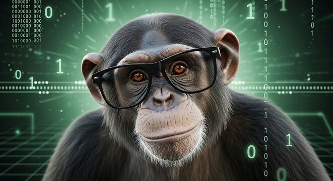Intelligent Chimpanzee Wearing Glasses Against Digital Matrix Background
