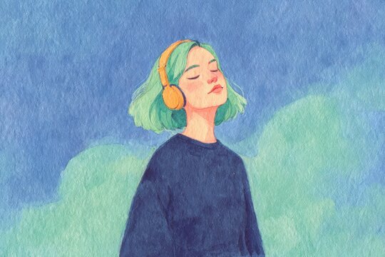 A woman with green hair wearing headphones her eyes closed and her head tilted back as if she is listening to music.