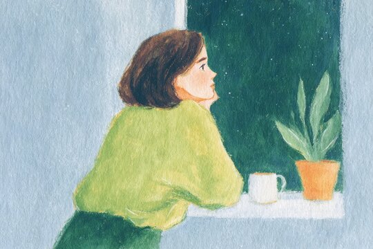 A woman sitting at a window sill looking out the window with a potted plant in front of her. she is wearing a white dress and her hair is pulled back in a bun.