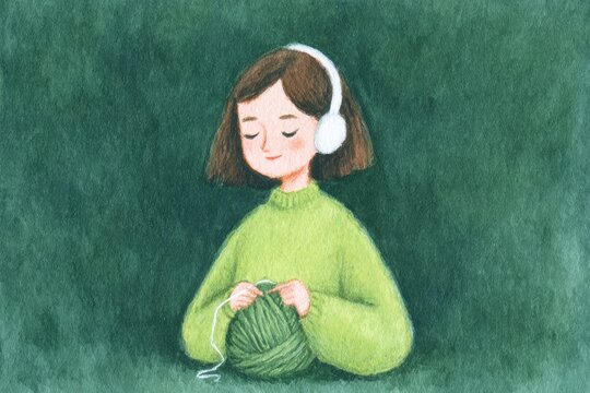 A young girl wearing a green sweater and headphones holding a ball of yarn in her hands. she has a peaceful expression on her face suggesting she is content with her knitting skills.