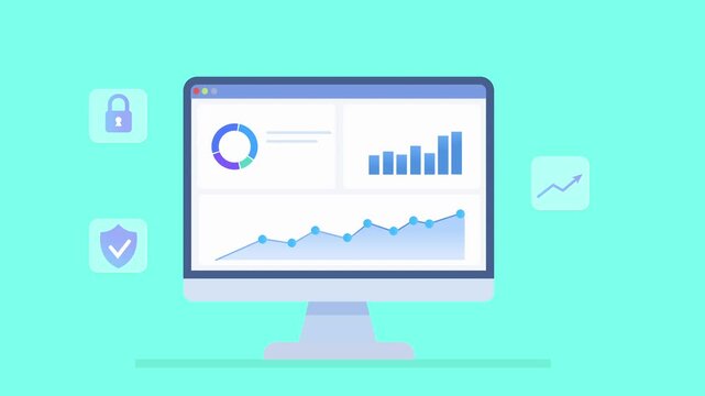 Animated illustration of a security analytics dashboard with charts and protection icons on desktop monitor, suitable for cybersecurity and business concepts.