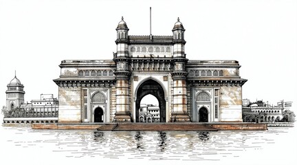Obraz premium Ink drawing of Gateway of India monument in Mumbai. Historical arch landmark seen from water reflection. Fine art illustration shows famous Indian architecture and city skyline.