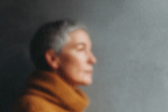 A woman wearing a yellow dress against a grey background. the woman has a gentle expression on her face and her hair is pulled back in a neat bun.