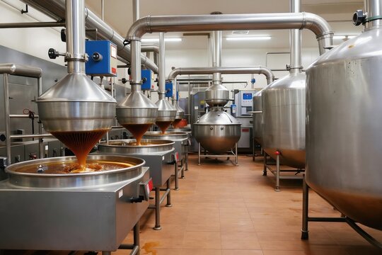 Candy factory machines prepare syrup and caramel. Stainless steel vats and pipes process sweet liquids in a modern food manufacturing plant. Automated food production line for confectionery.
