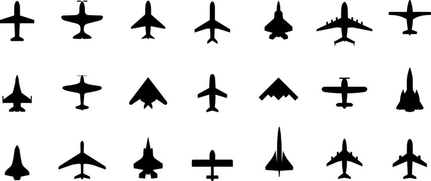 Military and Commercial Aircraft Silhouettes Top View Collection &mdash; Black Vector Icons Set
