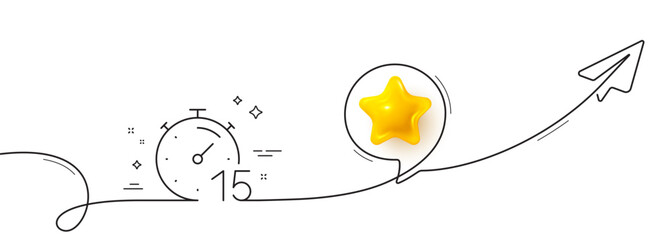 Fototapeta na wymiar Timer 15 minutes line icon. Continuous line with share plane. Stopwatch time sign. Countdown clock symbol. 3d star in speech bubble. Timer single line ribbon. Loop curve pattern. Vector