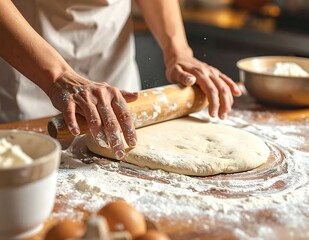 Fototapeta premium Baker Hands In Close Up Photography Using A Wooden Rolling Pin On Fresh Dough In A Warm Kitchen With Scattered Flour