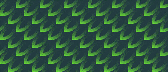 Naklejka premium Diagonal leafy forms with layered greenery flow, natural dynamic structure for organic design visuals. Vector abstract wide panoramic background in vibrant colour with halftone dots and gritty texture
