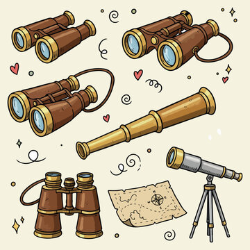 Binoculars and telescope set, outdoor exploration tool doodles, stargazing and scouting icons, brown optical device sketches, astronomy and bird watching, travel equipment vector elements, vintage sco