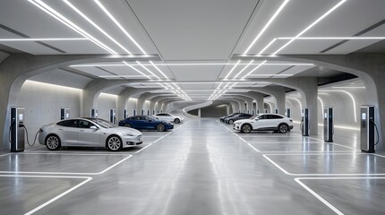 Obraz premium Futuristic underground parking garage with electric cars charging