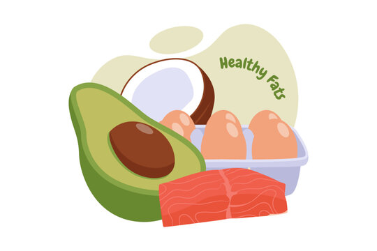 Illustration of Healthy Fats Nutrition Avocado Salmon and Eggs. Nutritious sources of healthy fats featuring fresh avocado, coconut, salmon, and eggs to support heart and brain health