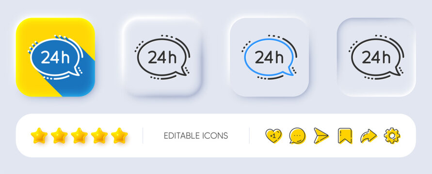 24 hour service line icon. Neumorphic, Flat shadow, 3d buttons. Call support sign. Feedback chat symbol. Line 24h service icon. Social media icons. Vector