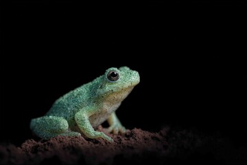 Obraz premium A green tree frog sitting atop a pile of dirt against a black background.