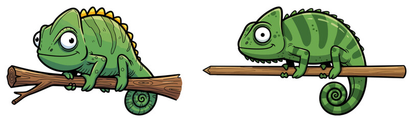 Naklejka premium Cute green chameleon on branch characters, set of vector illustrations of funny exotic lizard reptile mascot in jungle