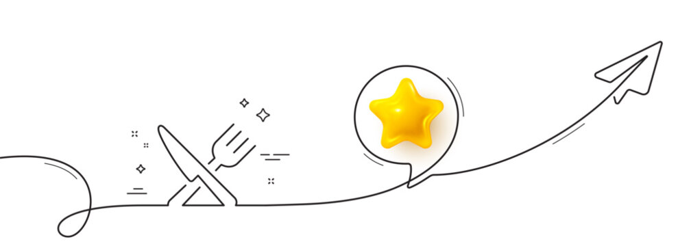 Food line icon. Continuous line with share plane. Cutlery sign. Fork, knife symbol. 3d star in speech bubble. Food single line ribbon. Loop curve pattern. Vector