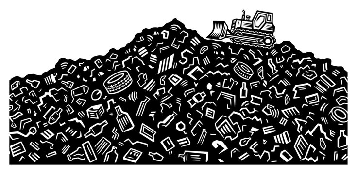 Bulldozer on landfill waste mountain, garbage pile silhouette illustration of environmental pollution and waste management concept