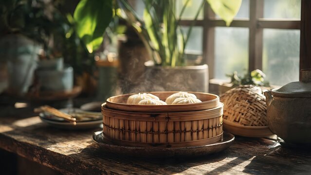 Steamed Buns on Table.