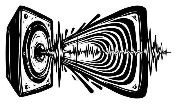 Powerful loudspeaker with dynamic sound waves, bass vibration and audio pulse effect vector illustration