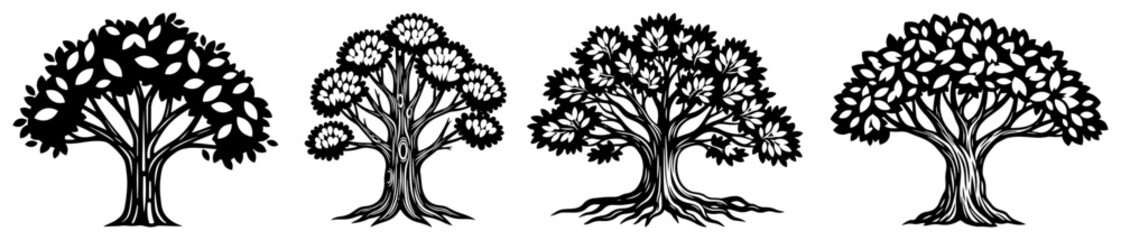 Obraz premium Tree silhouettes set of four different broadleaf and oak tree shapes for landscape and nature design projects