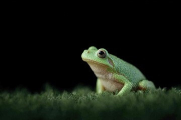 Obraz premium The is a closeup of a small green frog sitting on a bed of green grass. the frog is facing towards the right side of the with its head slightly tilted upwards capture.