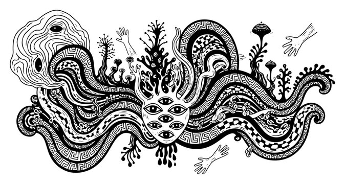 Psychedelic surreal art with many eyes and tentacles, abstract visionary trippy illustration with organic patterns and esoteric symbols