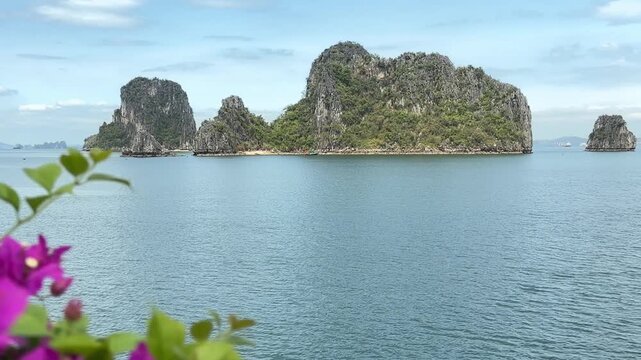 Scenic view of towering limestone karst islands in Halong Bay Vietnam with lush green vegetation and calm sparkling sea waters