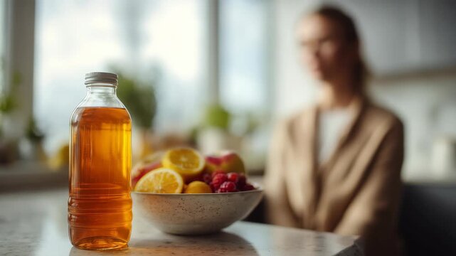 Healthy apple juice in a transparent bottle is placed on a modern kitchen surface, with a blurred woman and a bowl of lemons and raspberries behind. The scene radiates freshness and wellness