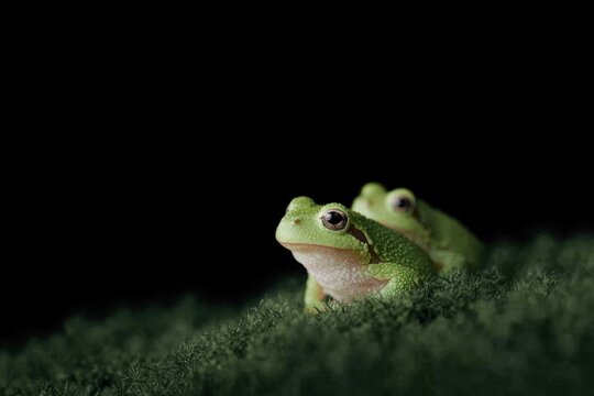 The is a closeup of two green frogs sitting on a bed of green moss. the frogs are facing the camera and appear to be looking directly at the camera.
