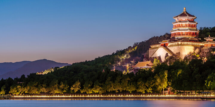 Night View of Buddhist Incense Pavilion and Kunming Lake in the Summer Palace, Beijing, China