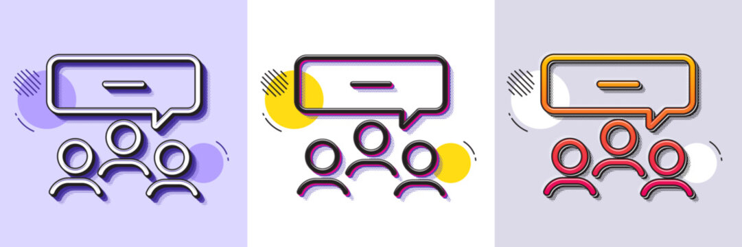 Meeting line icon. Halftone dotted pattern. Gradient icon with grain shadow. Discussion or consultation sign. People communication management symbol. Line meeting icon. Various designs. Vector