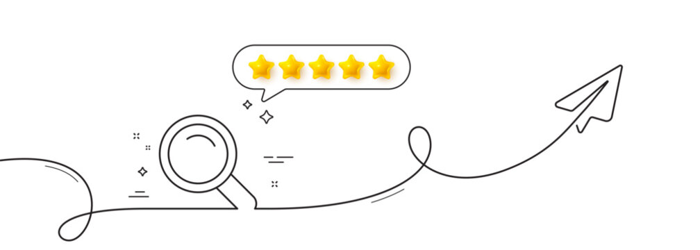 Search line icon. Continuous line with share plane. Magnifying glass sign. Enlarge tool symbol. Five star rate review in speech bubble. Search single line ribbon. Loop curve pattern. Vector