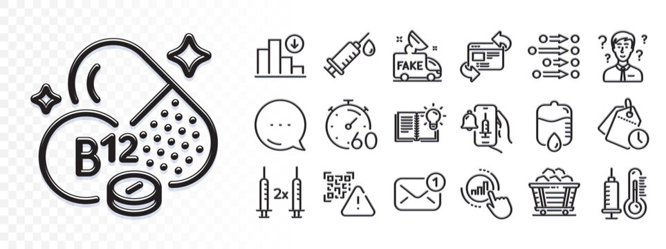 Coal trolley, Decreasing graph and Qr code line icons for web app. Glare of light effect. Message icon. Pack of New message, Timer, Cobalamin vitamin pictogram icons. Vector