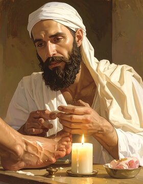 Bearded Man In White Robes Washing A Foot Candlelight In A Realistic Digital Painting Style With Warm Golden Tones And Humble Atmosphere
