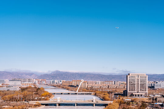Scenery of Matouqin Bridge and New district in Hohhot, Inner Mongolia, China