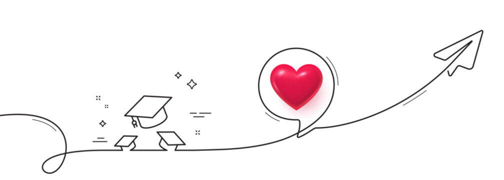 Graduation caps line icon. Continuous line with share plane. Education sign. Student hat symbol. 3d heart in speech bubble. Throw hats single line ribbon. Loop curve pattern. Vector