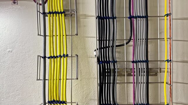 Neatly Organized Wiring is Securely Fastened in Place, With Color-coded Cables Arranged in a Wire Rack - Zoom In Shot
