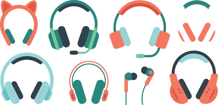 Variety of wireless and wired headphones flat color vector icon set, modern music accessories collection isolated on white background