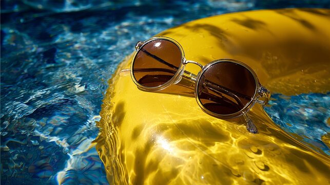 Sunny glasses rest on a bright yellow float in the cool water, on a hot summer day.