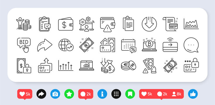 Online job, Contactless payment and Checklist line icons pack. Social media: share, comment, like icons. Bitcoin, Calendar tax, Payment web icon. Bribe, Budget profit, Card pictogram. Vector