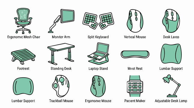 Ergonomic Office Setup Illustrated: A collection of essential ergonomic office equipment, designed to promote health and productivity, is artfully depicted against a clean backdrop.