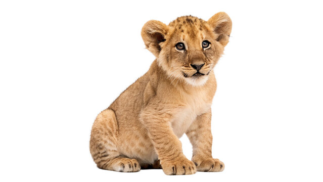 Cute small lion cub sitting and looking forward isolated on transparent background