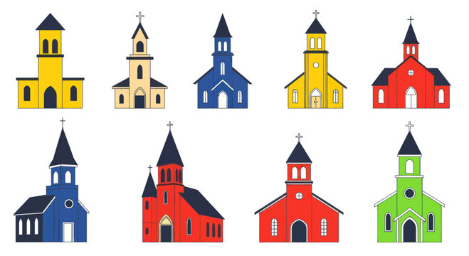 Colorful Church Buildings Collection Vector Illustration