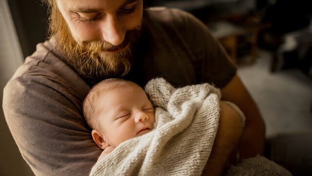 Father holding newborn baby close.